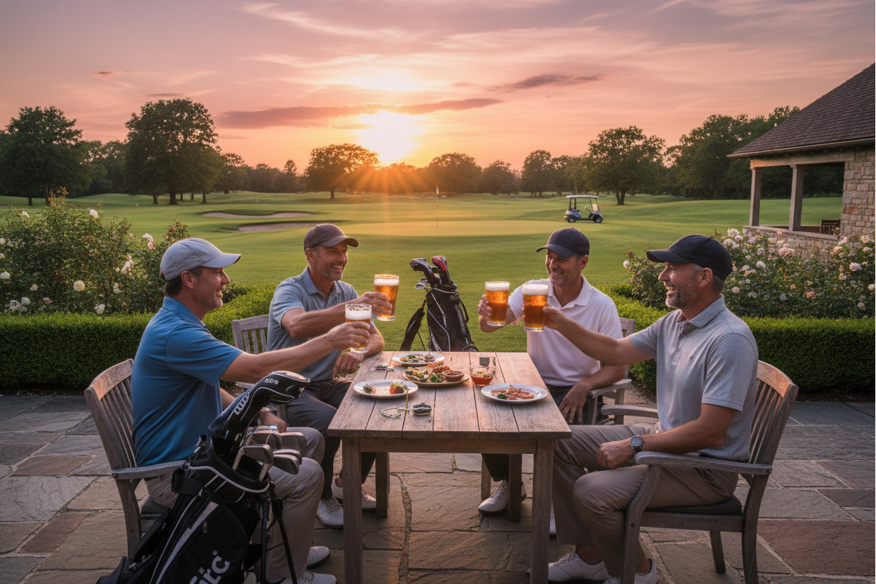 Some lads sitting round having a beer after a round of golf in a golf club garden with the sun setting and golf course in background 